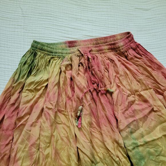 Vintage Y2K JFW Womens Small Boho Glowy Midi Skirt Tie Dye Red Yellow Elastic - Picture 2 of 5